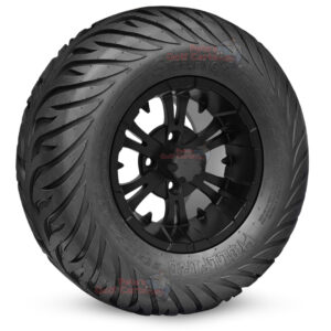12" Vampire Matte Black Golf Cart Wheels and 23x10.5-12 Hellfire Street/Turf Golf Cart Tires Combo - Set of 4 (23" tall)