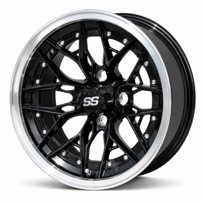 14-inch-Mystique-black-machined-aluminum-golf-cart-wheels-14x7-ET-25mm-offset-yamaha-clubcar-ezgo-petesgolfcarts-com-stock-golf-carts