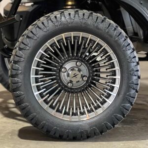 14" Piranha Gunmetal/Machined Golf Cart Wheels and 23x10.5-14 STINGER All Terrain Golf Cart Tires Combo – Set of 4 (23" tall)