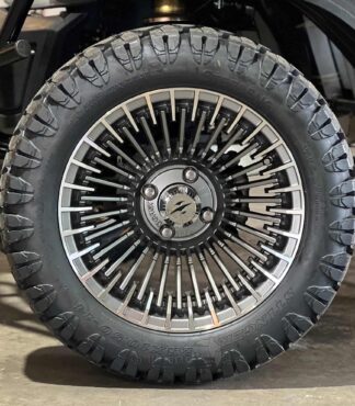 14-inch-Piranha-Gunmetal-Machined-golf-cart-wheels-and-23x10.5-12-stinger-dot-all-terrain-golf-cart-tires-combo-SGC-Beast-golf-cart-wheel-collection