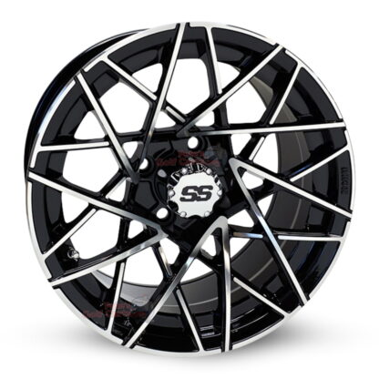 14-inch-RHOX-RX394-black-machined-aluminum-golf-cart-wheels-RHOX-RX281-14x7-4x4-bolt-pattern-101mm-et-25mm-offset