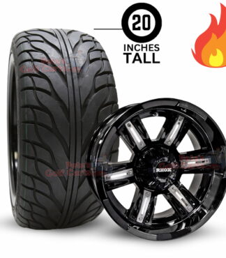 14-inch-RX285-Gloss-black-silver-golf-cart-wheels-and-215/35-14-20-inch-tall-RHOX-rxs-street-turf-tires-set-of-4-clubcar-ezgo-yamaha-petesgolfcarts