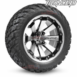 14" Coyote Black/Machined Golf Cart Wheels and 23x10-14 Ironclad All Terrain Golf Cart Tires Combo - Set of 4 (23" tall)