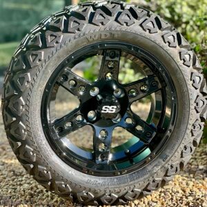 14″ Dominator Gloss Black Golf Cart Wheels and 23x10-14 DOT All Terrain Golf Cart Tires Combo – Set of 4 (23" tall)