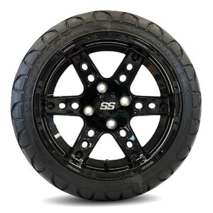 14" Dominator Gloss Black Golf Cart Wheels and 205/40-R14 Excel Street Fox Radial Golf Cart Tires - Set of 4