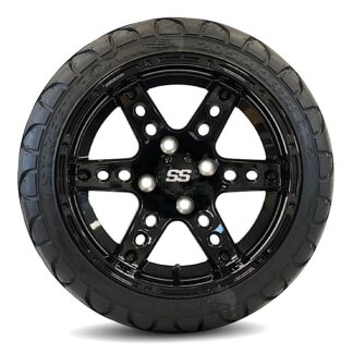 14 inch Gloss Black Dominator golf cart wheels and 20540-R14 Streetfox Radial Golf Cart Tires