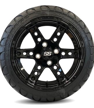 14 inch Gloss Black Dominator golf cart wheels and 20540-R14 Streetfox Radial Golf Cart Tires