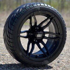 14" RX378 Gloss Black Golf Cart Wheels and 215/35-14 RXS DOT Street/Turf Golf Cart Tires Combo - Set of 4 (20" tall)