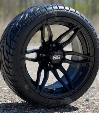 14-inch-golf-cart-wheels-gloss-black-14x7-and-215/35-14-RHOX-RXS-street-turf-golf-cart-tires-combo-20-inches-tall-set-of-4-petesgolfcarts-clubcar-ezgo-yamaha