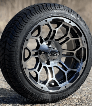 14-inch-hercules-black-machined-golf-cart-wheels-14x7-and-205/30-14-ITP-ultra-gt-street-turf-golf-cart-tires-combo-petesgoflcarts