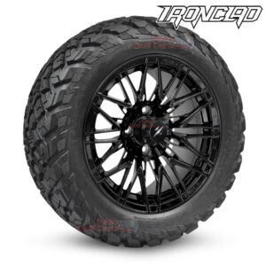 14" Hornet Gloss Black Golf Cart Wheels and 23x10-14 Ironclad All Terrain Golf Cart Tires Combo - Set of 4 (23" tall)