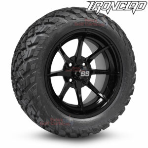 14" Hydra Gloss Black Golf Cart Wheels and 23x10-14 Ironclad All Terrain Golf Cart Tires Combo - Set of 4 (23" tall)