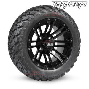 14" Lancer Gloss Black Golf Cart Wheels and 23x10-14 Ironclad All Terrain Golf Cart Tires Combo - Set of 4 (23" tall)