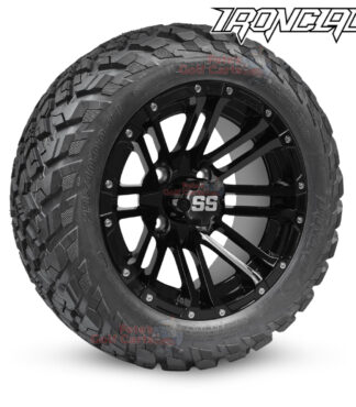 14-inch-lancer-gloss-black-golf-cart-wheels-and-23x10-14-ironclad-hybrid-all-terrain-tires-combo-ezgo-clubcar-yamaha-petesgolfcarts-BNDL-TR1408-WH1425