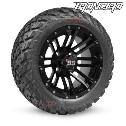 14-inch-lancer-gloss-black-golf-cart-wheels-and-23x10-14-ironclad-hybrid-all-terrain-tires-combo-ezgo-clubcar-yamaha-petesgolfcarts-BNDL-TR1408-WH1425