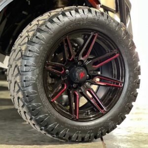 14" Lynx Red/Black Golf Cart Wheels and 23x10.5-14 STINGER DOT All Terrain Golf Cart Tires Combo – Set of 4 (23" tall)
