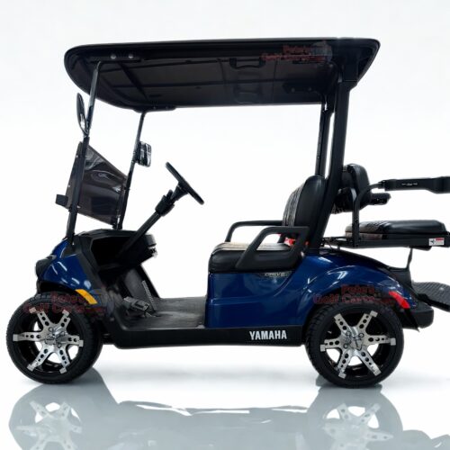 14-inch-machined-black-golf-cart-wheels-and-tir-389-215/35-14-rxs-low-profile-street-turf-tireson-blue-yamaha-drive2-nonlifted-golf-cart-petesgolfcarts