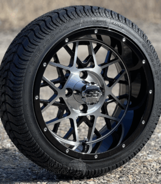 14-inch-matrix-black-machined-golf-cart-wheels-14x7-and-205/30-14-ITP-ultra-gt-street-turf-golf-cart-tires-combo-petesgoflcarts