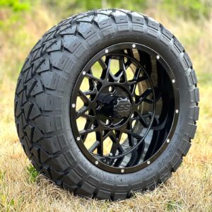 14" Matrix Gloss Black Golf Cart Wheels and 22x10-14 Trail Fox All Terrain Golf Cart Tires Combo - Set of 4 (22" tall)