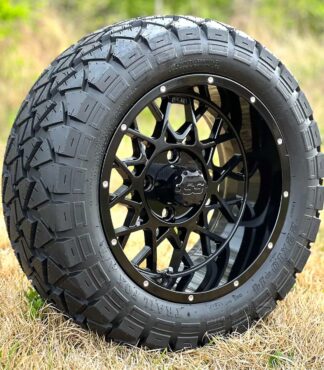 14-inch-matrix-gloss-black-aluminum-golf-cart-wheels-and-22x10-14-timberwolf-trailfox-all-terrain-golf-cart-tires-combo-set-of-4-ezgo-clubcar-yamaha-lifted-golf-carts