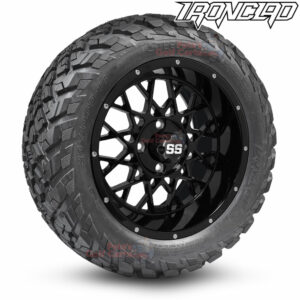 14" Matrix Gloss Black Golf Cart Wheels and 23x10-14 Ironclad All Terrain Golf Cart Tires Combo - Set of 4 (23" tall)