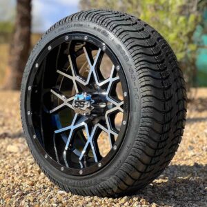 14" Matrix Black/Machined Golf Cart Wheels and 205/30-14 DOT Low Profile Street/Turf Tires Combo - Set of 4 (20.5" tall)