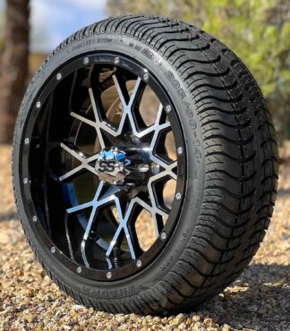 14-inch-matrix-machined-black-aluminum-golf-cart-wheels-and-205/30-14-excel-endura-dot-approved-street-turf-golf-cart-tires-combo-set-of-4-petesgolfcarts