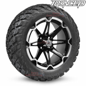 14" Mongoose Black/Machined Golf Cart Wheels and 23x10-14 Ironclad All Terrain Golf Cart Tires Combo - Set of 4 (23" tall)