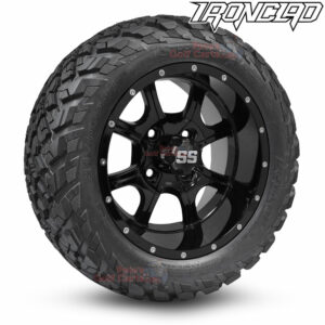 14" Night Stalker Gloss Black Golf Cart Wheels and 23x10-14 Ironclad All Terrain Golf Cart Tires Combo - Set of 4 (23" tall)