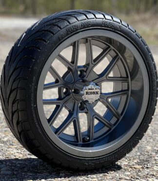 14-inch-nighthawk-gunmetal-gray-golf-cart-wheels-14x7-and-215/35-14-RHOX-RXS-street-turf-golf-cart-tires-combo-20-inches-tall-set-of-4-petesgolfcarts