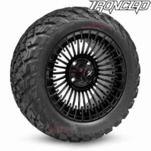 14" Piranha Gloss Black Golf Cart Wheels and 23x10-14 Ironclad All Terrain Golf Cart Tires Combo - Set of 4 (23" tall)