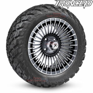 14" Piranha Gunmetal Gray Golf Cart Wheels and 23x10-14 Ironclad All Terrain Golf Cart Tires Combo - Set of 4 (23" tall)