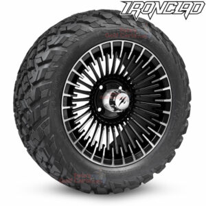 14" Piranha Black/Machined Golf Cart Wheels and 23x10-14 Ironclad All Terrain Golf Cart Tires Combo - Set of 4 (23" tall)