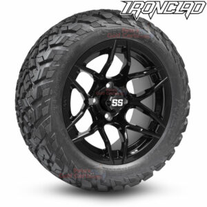 14" Rally Gloss Black Golf Cart Wheels and 23x10-14 Ironclad All Terrain Golf Cart Tires Combo - Set of 4 (23" tall)