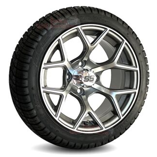 14-inch-rally-gunmetal-gray-golf-cart-wheels-205/30-14-20-inch-tall-deli-street-turf-golf-cart-tires-combo