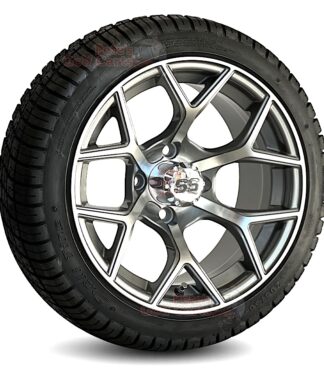 14-inch-rally-gunmetal-gray-golf-cart-wheels-205/30-14-20-inch-tall-deli-street-turf-golf-cart-tires-combo