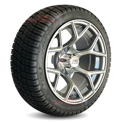 14-inch-rally-gunmetal-gray-golf-cart-wheels-205/30-14-20-inch-tall-deli-street-turf-golf-cart-tires-tread