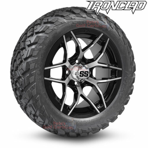 14-inch-rally-machined-black-golf-cart-wheels-and-23x10-14-ironclad-p3118-wanda-edge-all-terrain-tires-combo-petesgolfcarts-BNDL-TR1408-WH1426