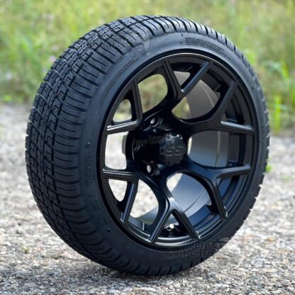 14-inch-rally-matte-black-golf-cart-wheels-205/30-14-deli-low-profile-street-turf-golf-cart-tires-combo-yamaha-ezgo-clubcar-petesgolfcarts-pgc