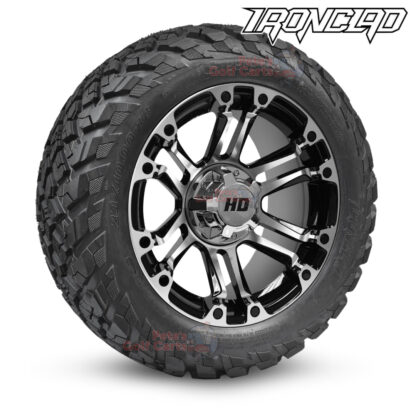 14-inch-rhino-black-machined-golf-cart-wheels-and-23x10-14-ironclad-hybrid-all-terrain-tires-combo-ezgo-clubcar-yamaha-petesgolfcarts-BNDL-TR1408-WH1422
