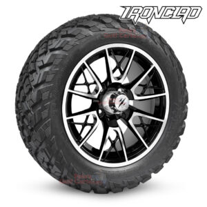 14" Saber Tooth Black/Machined Golf Cart Wheels and 23x10-14 Ironclad All Terrain Golf Cart Tires Combo - Set of 4 (23" tall)