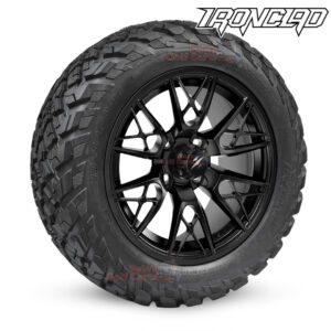 14" Saber Tooth Gloss Black Golf Cart Wheels and 23x10-14 Ironclad All Terrain Golf Cart Tires Combo - Set of 4 (23" tall)