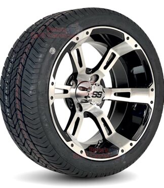 14-inch-stallion-black-machined-golf-cart-wheels-215:35R-14-SBR-steel-belted-radial-wanda-WDT-20-inch-tall-street-turf-tires-combo