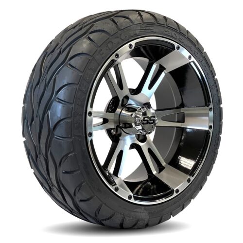 14 inch stallion black machined wheels and 20" tall excel street fox radial tires - set of 4