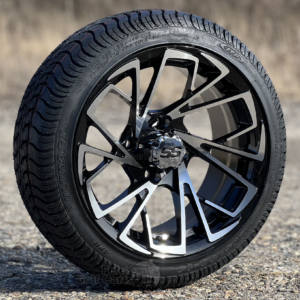 14" Stinger Black/Machined Golf Cart Wheels and 205/30-14 DOT Street/Turf Tires Combo – Set of 4 (20'" tall)