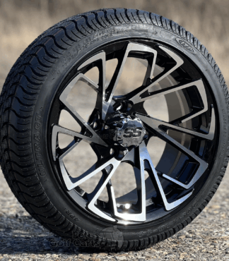 14-inch-stinger-black-machined-golf-cart-wheels-14x7-and-205/30-14-ITP-ultra-gt-street-turf-golf-cart-tires-combo-petesgoflcarts