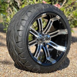 14" Tempest Black/Machined Golf Cart Wheels and 205/40-14 DOT Approved Street/Turf Golf Cart Tires Combo - Set of 4 (20" tall)