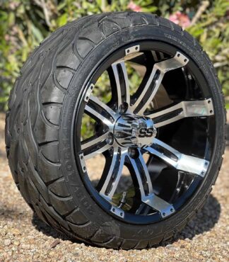 14-inch-tempest-black-machined-golf-cart-wheels-14x7-and-205/40R14-excel-street-fox-radial-street-turf-golf-cart-tires-combo-clubcar-ezgo-yamaha