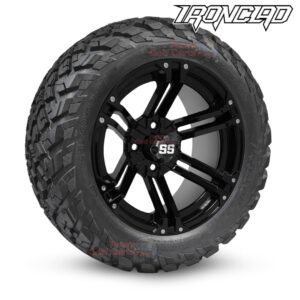 14" Terminator Gloss Black Golf Cart Wheels and 23x10-14 Ironclad All Terrain Golf Cart Tires Combo - Set of 4 (23" tall)