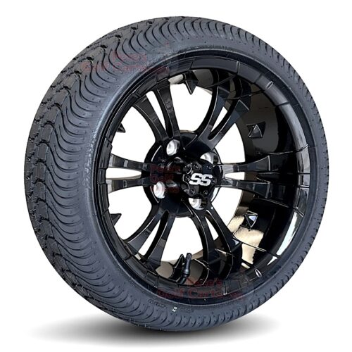 14-inch-vampire-gloss-black-aluminum-golf-cart-wheels-205:30-14-dot-low-profile-tires-set-of-4-combo-ezgo-yamaha-clubcar-angle
